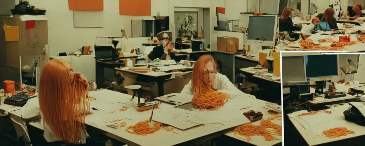 Image similar to security cam footage of someone with their head on spaghetti at their desk, at work, kodachrome, in the style of wes anderson, retro!! no repeats!!