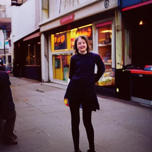 Image similar to kodak portra 8 0 0, film grain, ricoh, street photography, manhattan corner shop, girl portrait, tongue out, youth, evening light,