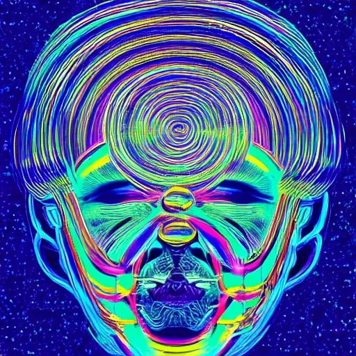 Image similar to mockup of a black tshirt with a hyperdetailed portrait of a futuristic robot by alex grey, 8 k, symetrical, flourescent colors, happy trippy mood, multicolored,