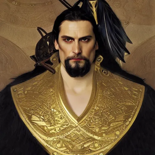 Image similar to pale, beautiful clean-shaven black-haired Viking lord wih sharp features, wearing a gilded black scale armor in the shape of art deco feathers and an arrogant heroic expression, by Greg Rutkowski, Brom, and Alphonse Mucha