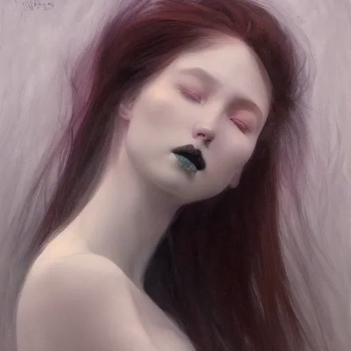 Prompt: yanjun cheng portrait of a beautiful dark fae woman, with black lips, gray mottled skin, black feathers instead of hair, feathers growing out of skin, modestly clothed, intricate, detailed, symmetric face, by wlop and karol bak and bouguereau and viktoria gavrilenko
