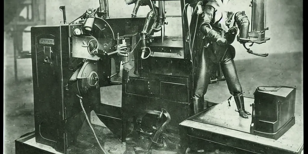 Image similar to anthropomorphic furry wolf controlling an obscure machine, 1900s photograph