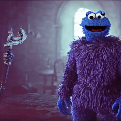 Image similar to portrait of cookie monster as a dark souls boss, 8 k