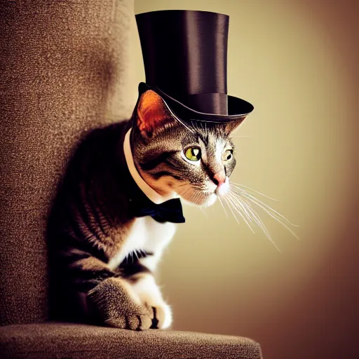 Prompt: cat wearing a top hat, dynamic lighting, 8k quality, stunning scenery, vintage photo, photorealistic portrait