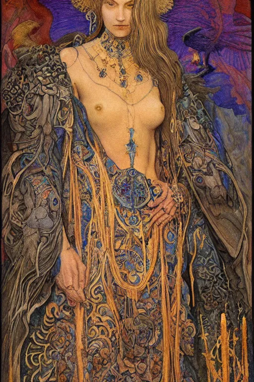 Image similar to dream of the raven king, by Annie Swynnerton and jean delville and Nicholas Roerich, embroidered brocade, tattoos, elaborate costume, geometric ornament, symbolist, rich colors, dramatic lighting, smooth, sharp focus, extremely detailed