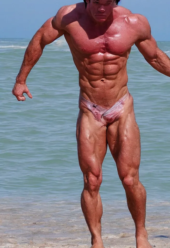 Prompt: Dexter Morgan flexing his muscles at a beach in Miami, highly detailed, male body, body physique study, muscular