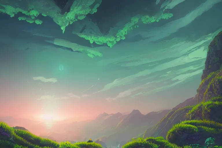 Image similar to a beautifully ultradetailed painting of a mysterious fern green location on top of a universe on the side of a mountain filled with giant orange and purple crystals illuminated by pastel pink fireflies, icy blue mist, morning shot, alena aenami, raphael lacoste, makoto shinkai, 4 k, trending on artstation