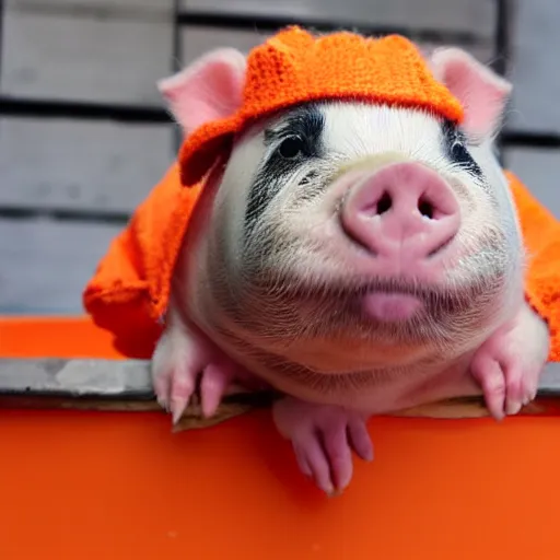 Image similar to cute mini pig wearing orange inmate clothes
