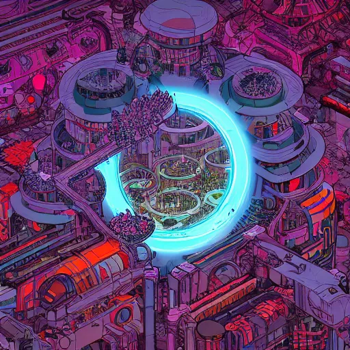 Prompt: hyper detailed comic illustration of a glowing circular portal surrounded by a cybernetic forest , by Josan Gonzalez and Geof Darrow, isometric aerial view, highly detailed, 8k wallpaper