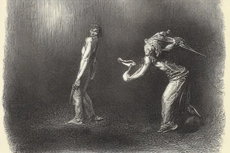 Image similar to taking knife rips, Gustave Dore lithography