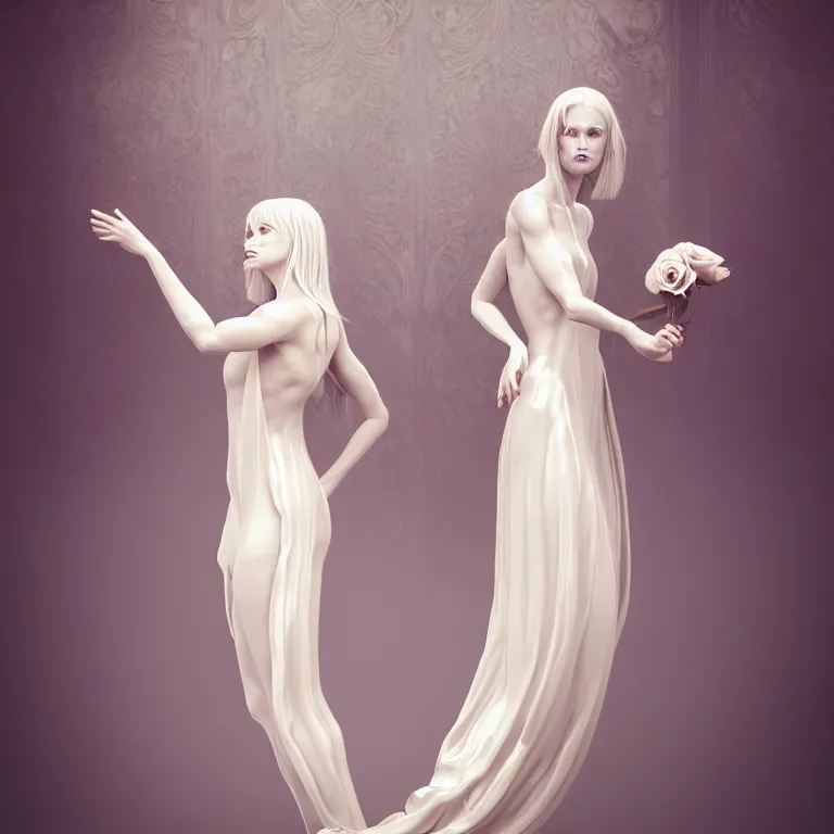 Prompt: alone with herself wonderful symmetrical liquid albino goddess with a beautiful porcelain body dressed with a majestic semi transparent silk cream roses long dress, hightly ornate, intricate, detailed, dramatic light, award winning, octane render, meredit frampton style