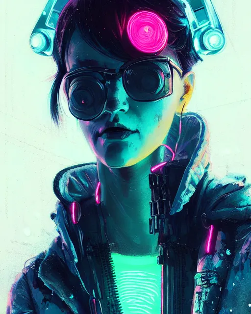 Prompt: detailed portrait neon operator lady, messy bun, cyberpunk futuristic, neon, reflective puffy coat, decorated with traditional japanese by ismail inceoglu dragan bibin hans thoma greg rutkowski alexandros pyromallis nekro rene margitte, illustrated, perfect face, fine details, realistic shaded, fine - face, pretty face