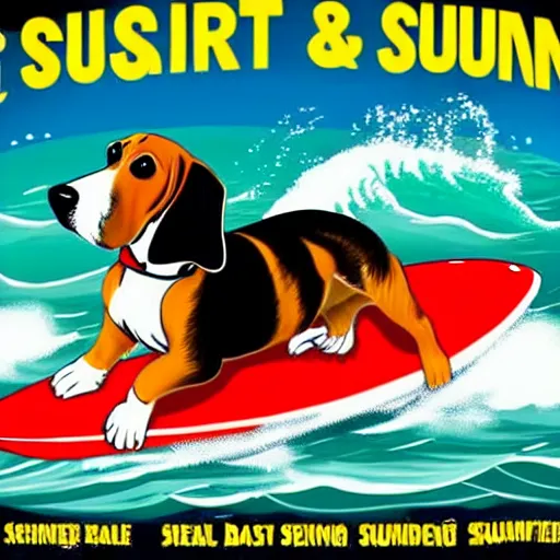 Prompt: a basset hound on a surboard, surfing a barrel wave, in the style of a surf movie poster