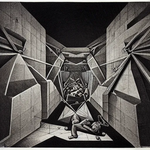 Image similar to lithography on paper secret layer dungeon conceptual figurative post - morden monumental dynamic portrait by goya and escher and hogarth, illusion surreal art, highly conceptual figurative art, intricate detailed illustration, controversial poster art, polish poster art, geometrical drawings, no blur