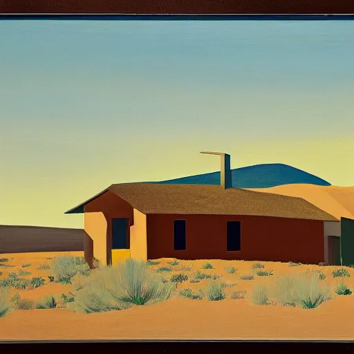 Prompt: motel in a desert rural landscape, painted by Alex Katz and Edward Hopper, airbrush, highly detailed