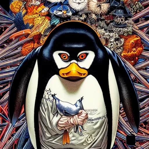 Image similar to portrait of crazy penguin, symmetrical, by yoichi hatakenaka, masamune shirow, josan gonzales and dan mumford, ayami kojima, takato yamamoto, barclay shaw, karol bak, yukito kishiro