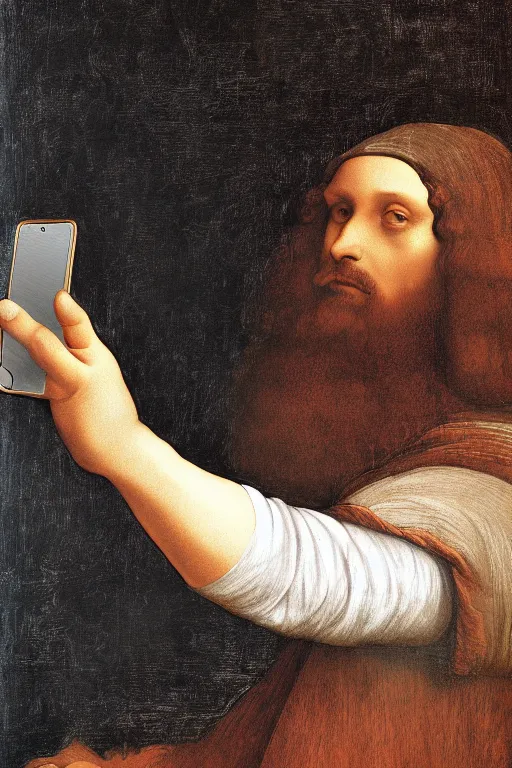 Image similar to leonardo da vinci taking a selfie, oil painting, digital art, photorealism