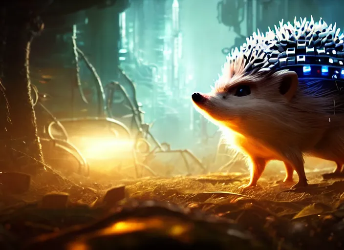 Prompt: portrait of a cyborg hedgehog, on the background of a weird magical mechanical forest. Very detailed 8k. Fantasy cyberpunk horror. Sharp. Cinematic post-processing. Unreal engine. Nanite. Ray tracing. Parallax. Tessellation