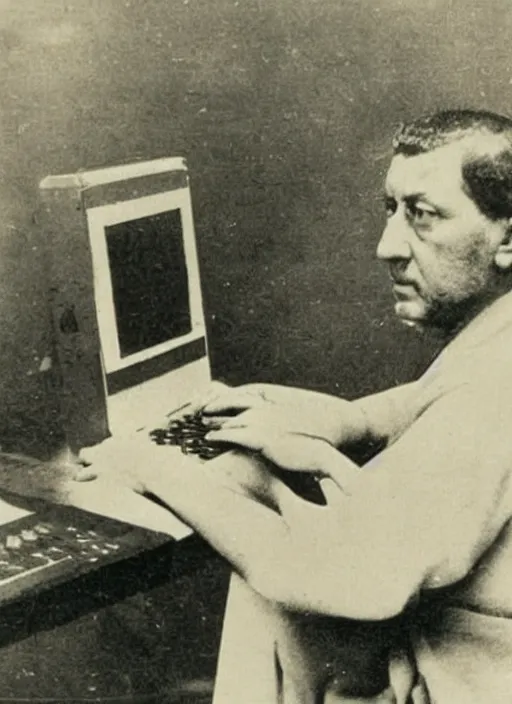 Prompt: old photo of Roman emperor using a laptop computer