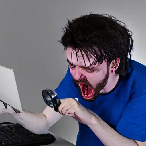 Image similar to crazy scottish man getting angry playing a computer game, photo real, dslr camera, 4 k, ray tracing