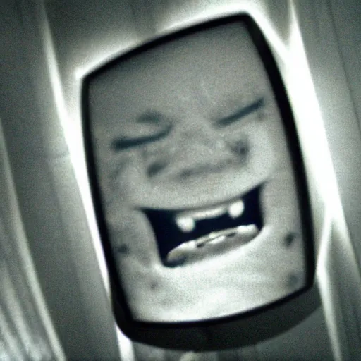 Image similar to a high flash photo of a television with a screaming face on it in an empty house, 2 0 0 6, taken with a disposable camera