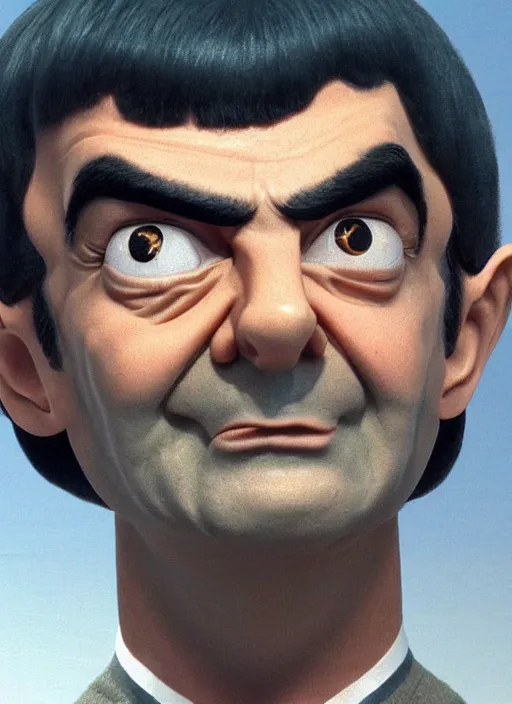 Image similar to Mr bean as spock, detailed, realistic, in the style of Bob ross,