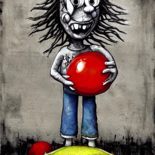 Image similar to grunge painting of spongebob with a wide smile and a red balloon by chris leib, loony toons style, pennywise style, corpse bride style, horror theme, detailed, elegant, intricate