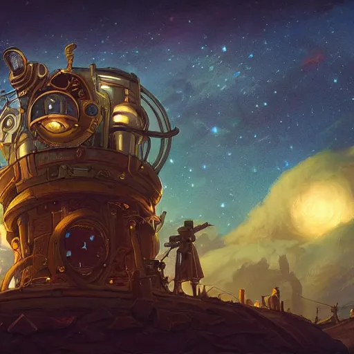 Image similar to steampunk telescope looking at the starry sky, hearthstone coloring style, by greg rutkowski, epic fantasy style art, fantasy epic digital art