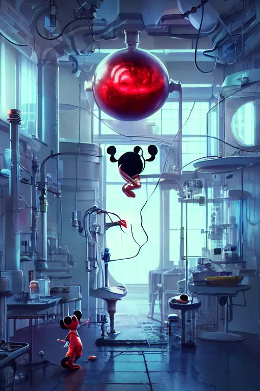 Image similar to mechanics scientist in lab facility looking at bloody mickey mouse head lifted by claw,, made by beeple, cgsociety, artgerm, greg rutkowski, highly detailed intricate 4 k art, low light cinematic, octane render, unreal engine, smooth concept art