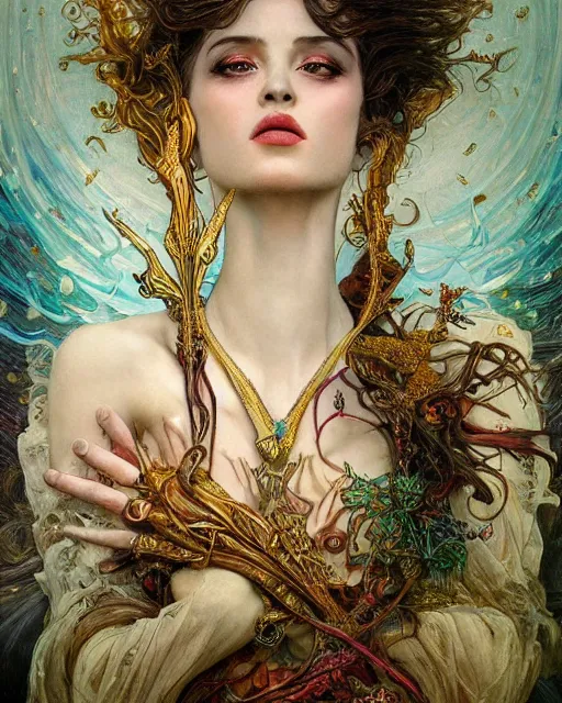 Prompt: unique non conventional beauty, surreal, fantasy, intricate, elegant, dramatic lighting, emotionally evoking symbolic metaphor, highly detailed, lifelike, photorealistic, digital painting, artstation, concept art, smooth, sharp focus, illustration, art by John Collier and Krenz Cushart and Artem Demura and Alphonse Mucha and Albert Aublet and Greg Rutkowski and John William Godward,