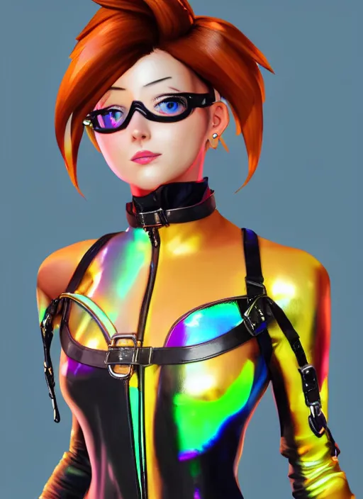 Image similar to portrait bust digital artwork of tracer overwatch, wearing iridescent rainbow latex and leather straps catsuit outfit, neon makeup, in style of mark arian, angel wings, wearing detailed leather collar, chains, black leather harness, detailed face and eyes,