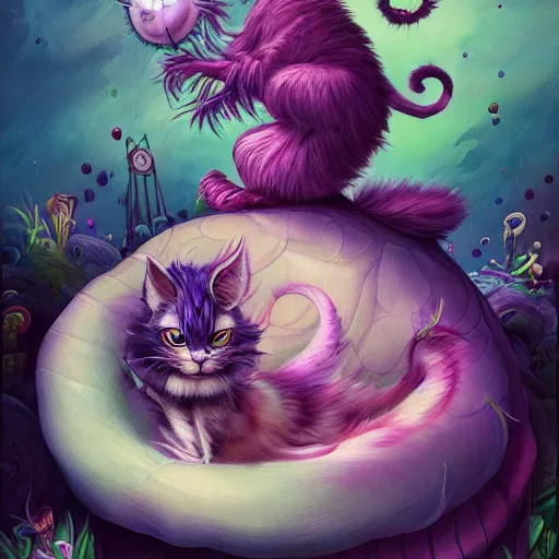 Image similar to the cheshire cat from alice in wonderland sitting on a giant mushroom by anna dittmann, highly detailed, bright tones