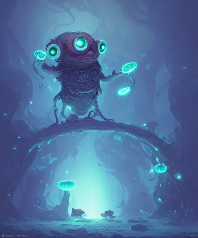 Image similar to a tiny creature with enormous eyes made of bioluminescence, fantasy, elegant, crisp 8 k line work, emissive lighting, digital painting, artstation, unreal engine, octane render, concept art, matte, sharp focus, illustration, art by james jean and justin gerard and josan gonzalez