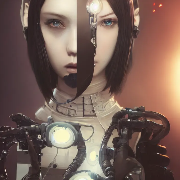 Image similar to symmetrical anime cyborg - by tom bagshaw, by ilya kuvshinov, rtx rendering, octane render 1 2 8 k, maya, extreme high intricate details by wlop, digital anime art by ross tran, medium shot, close up shot, composition by sana takeda, dramatic lighting by greg rutkowski, 8 k, trending on artstation