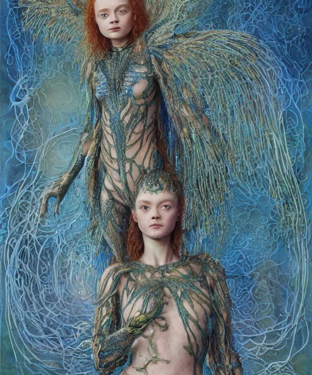 Prompt: a portrait photograph of sadie sink as a strong alien harpy queen with amphibian skin. she is dressed in a blue lace shiny metal slimy organic membrane catsuit and transforming into a snake antilope. by donato giancola, walton ford, ernst haeckel, peter mohrbacher, hr giger. 8 k, cgsociety, fashion editorial