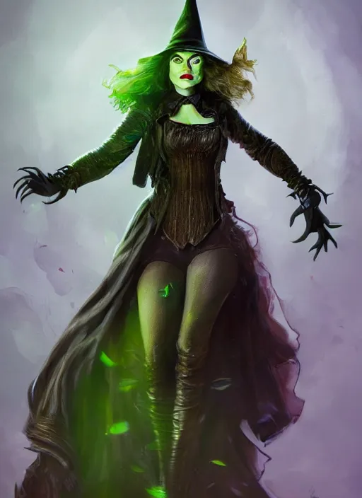Image similar to beautiful female wicked witch, margot robbie as the wicked witch of the west, full body character concept, armor, super powers, fantasy, intricate, elegant, highly detailed, digital painting, artstation, concept art, shining, sharp focus, illustration, art by stanley lau