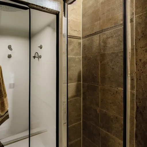 Prompt: photo of a shower in a bathroom with an elephants trunk coming up the train into the shower stall