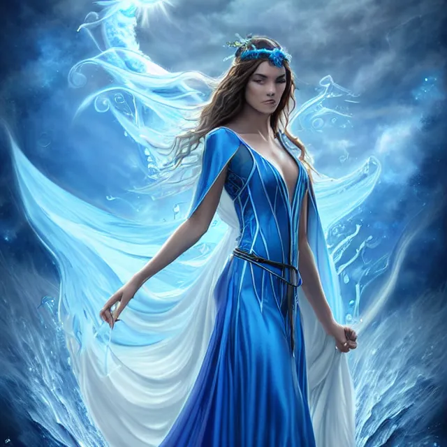 Image similar to beautiful!! elemental water witch with intricate blue robes and water powers artgerm anne stokes highly detailed 8 k hdr smooth sharp focus high resolution award - winning photo photorealistic