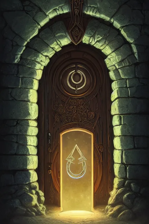 Image similar to an elaborate arched wooden door with glowing runes and a magical keystone. stone steps lead up to the door. by mike allred and moebius and karol bak sharp digital painting. dreaming latent space. matte painting, concept art. artstation. digital render. realistic, 8 k