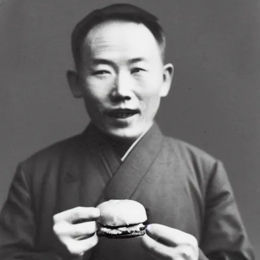 Prompt: a photo of a happy man from qing empire holding and eating a hamburger, award winning photo, high quality, 1 9 century photo, black and white