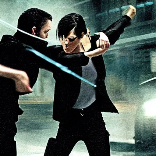 Image similar to trinity fighting cops. Matrix movie screenshot. Epic keyframe.