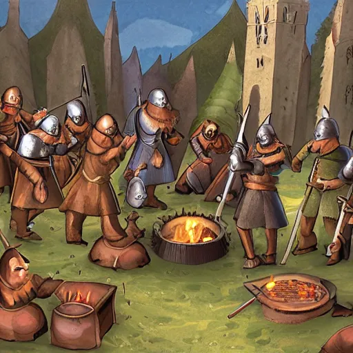 Prompt: Medieval knights gathered around a firepit surrounded by werewolves