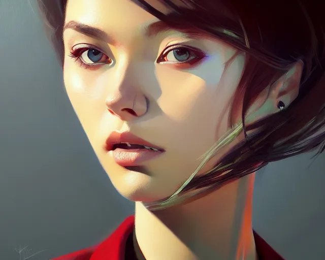 Image similar to a ultradetailed beautiful portrait panting of a stylish woman wearing a shirt with a tie, she has messy hair, oil painting, by ilya kuvshinov, greg rutkowski and makoto shinkai, trending on artstation