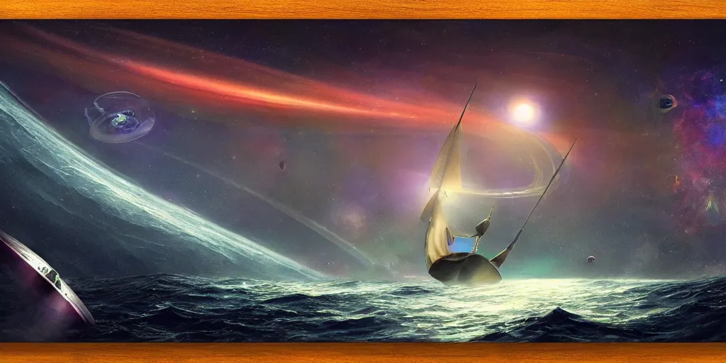 Image similar to a sail powered pirate spaceship sailing through an asteroid belt around in saturns rings saturn can be seen in the background, in the style of hudson river school, trending on art station, colorful, space