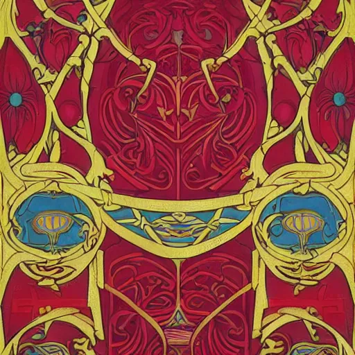 Image similar to symmetrical mural painting from the early 1 9 0 0 s in the style of art nouveau, red curtains, art nouveau design elements, art nouveau ornament, scrolls, flowers, flower petals, rose, opera house architectural elements, mucha, masonic symbols, masonic lodge, joseph maria olbrich, simple, iconic, masonic art, masterpiece, trending on artstation