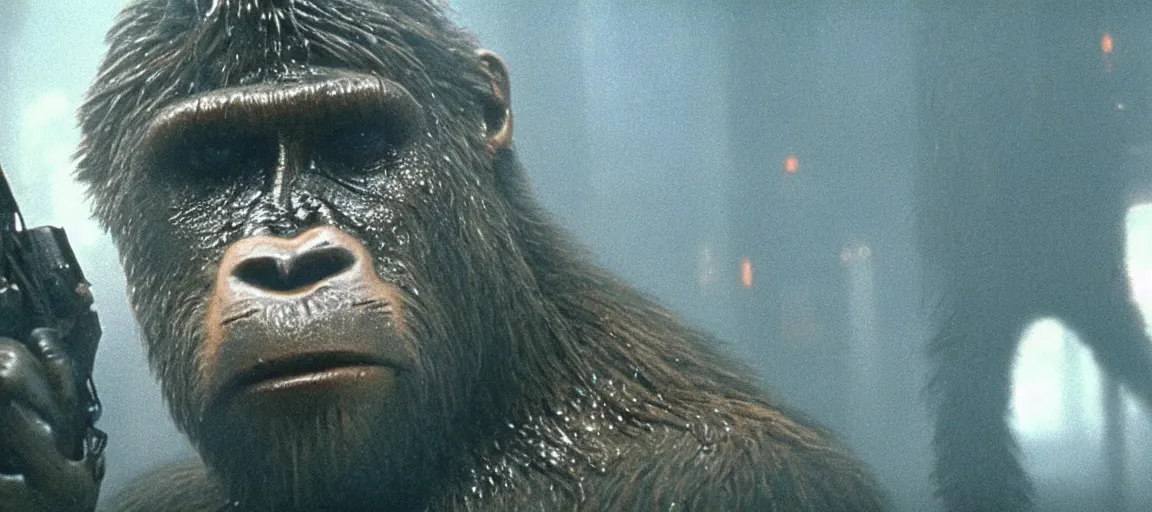 Prompt: an award winning highly detailed close up photo of a lone bigfoot in a still from the movie blade runner ( 1 9 8 2 ), gorilla, caveman, 4 k, high quality