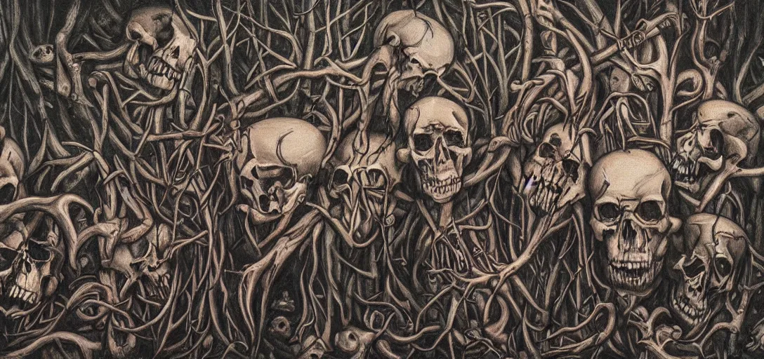 Image similar to A horror painting of a dark fantasy forest, skulls, bones, pain, agony, sorrow