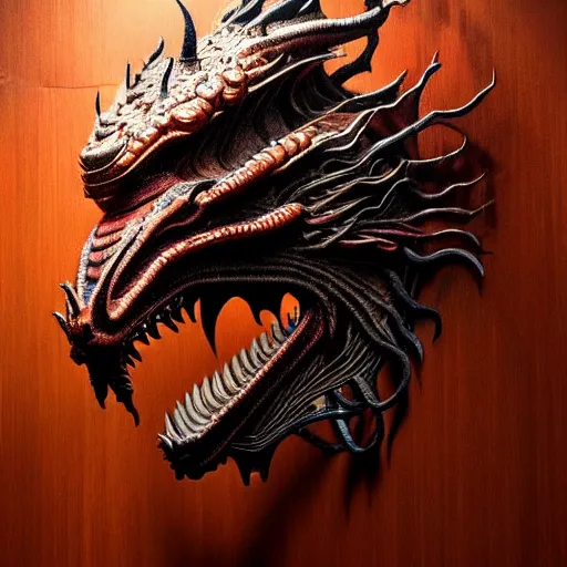 Image similar to a chthonic dragon head art by Daniel Dos Santos, Beksinski, Giger, intricate colourfully painted carved wood paneling, dark souls, ivory and copper , artstation