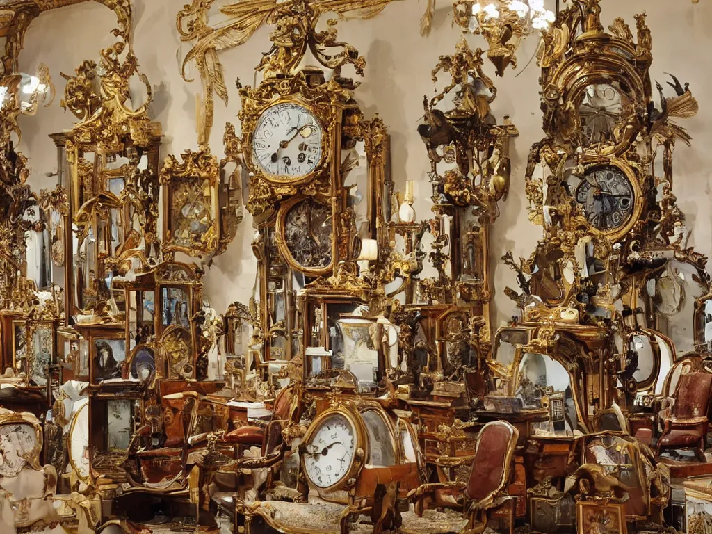 Image similar to antique clocks and giant exotic birds in a baroque salon of the imagination