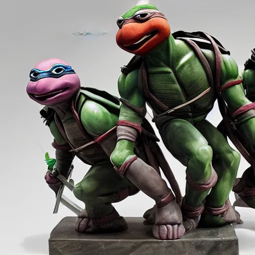 Prompt: teenage mutant ninja turtles as a sculpture from the renaissance, white marble, glossy, high details, cinematic